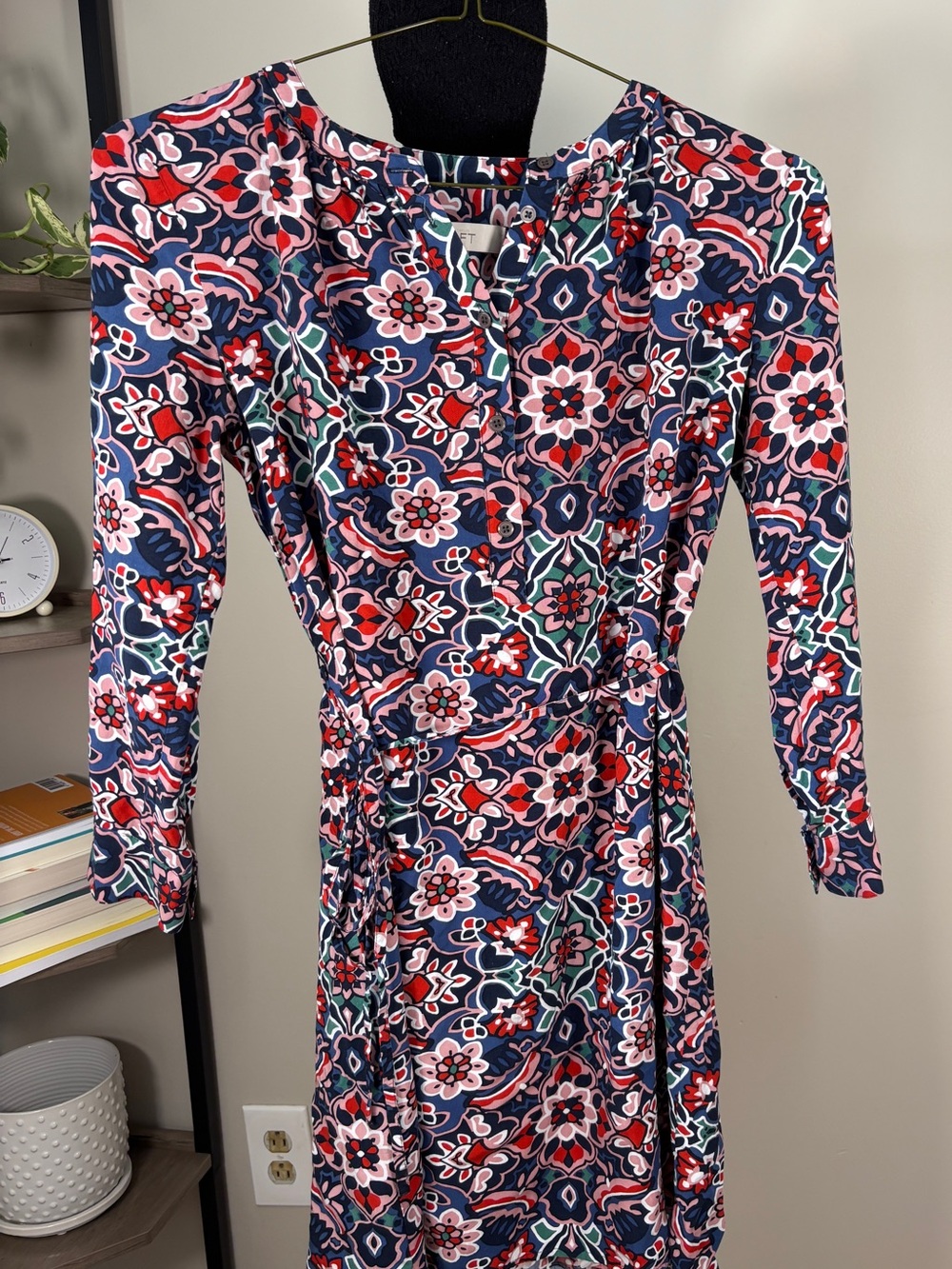LOFT Navy Floral-Print Stained Glass 3/4 Sleeve Dress with Red & White Accents